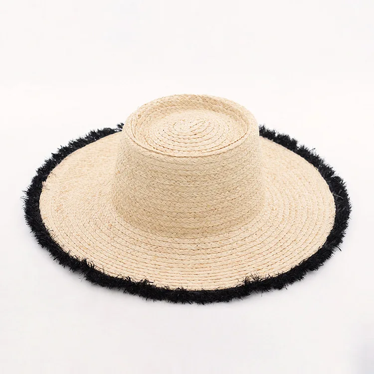 X414 Fashion Lafite Black Rough Edge High Top Big Brimmed Straw Hat Beach Tourism Sunscreen Lafite Straw Hat Panama Hat