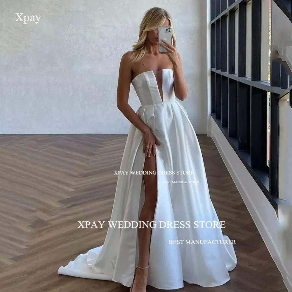 XPAY Sexy Deep V Neck Satin Wedding Dresses Draped Strapless High Split Bride Gown Customised Strapless A Line Beach Bridal Gown