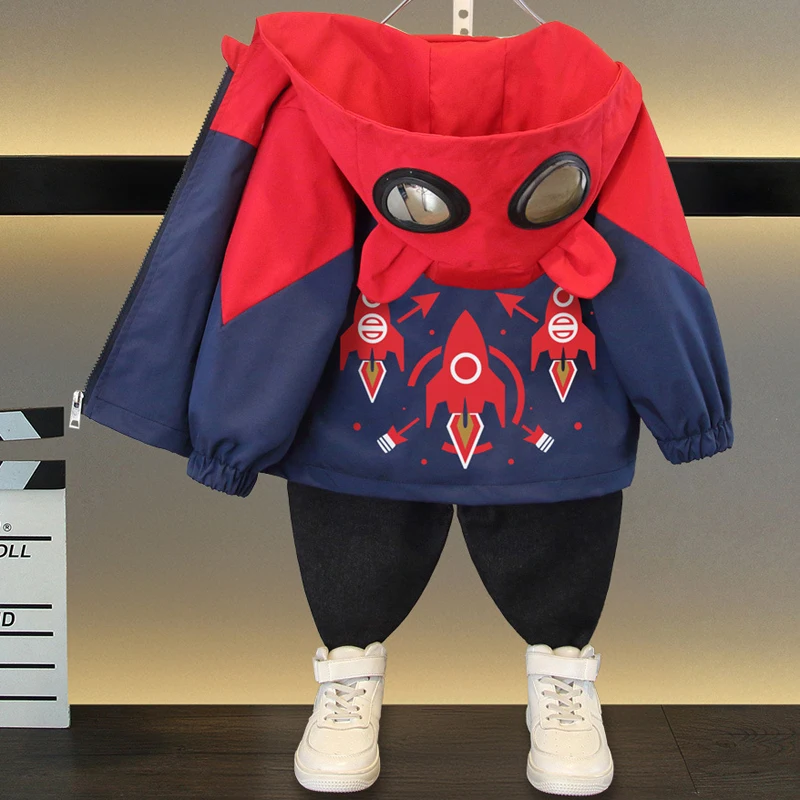 Jacket Spring Autumn Boys Jackets Cartoon Dinosaur Patchwork Casual Hooded Outerwear For Kids Zipper Windbreaker Coats 2-12 Y