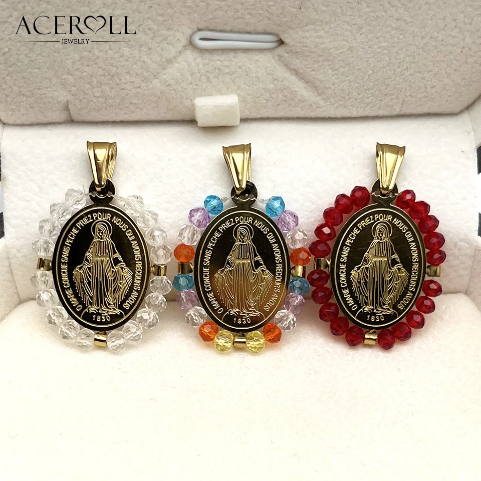ACEROLL Stainless Steel Pendant of Miraculous Medal and Saint Benedict With Crystals