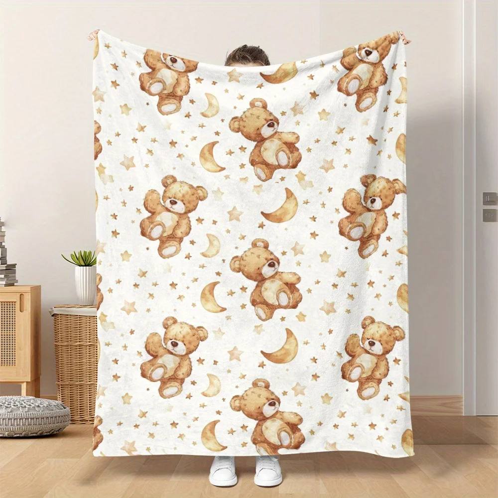 Cute Teddy Bear & Moon Flannel Throw Blanket - Watercolor Pattern with Stars, Soft All-Season Cozy Blanket for Napping, Camping,