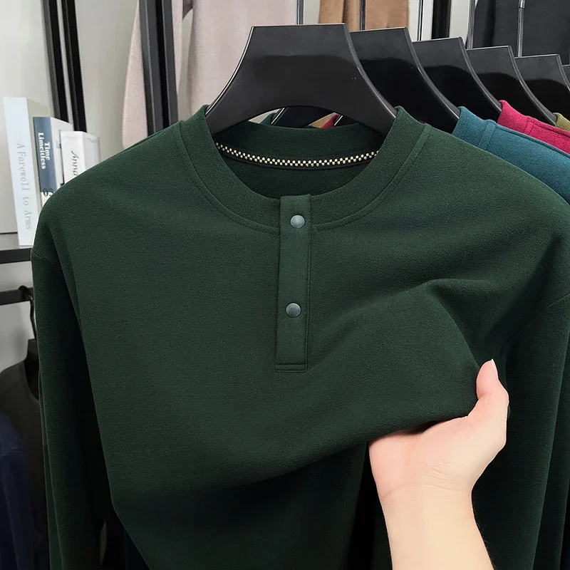 Mens Autumn Henley Collar Thermal Pullover Two Button Placket Elastic Soft Fabric Lightweight Leisure Clothing