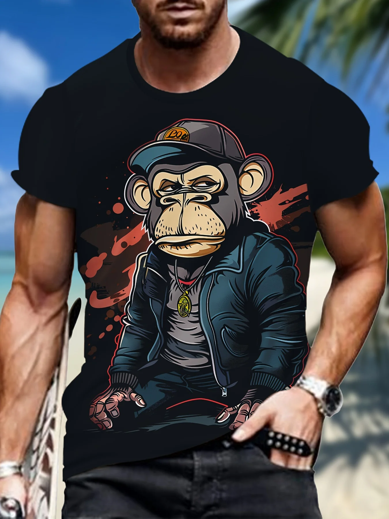Men's Cartoon Monkey Print T-shirt, Casual Short Sleeve Crew Neck Tee, Men's Clothing For Outdoor