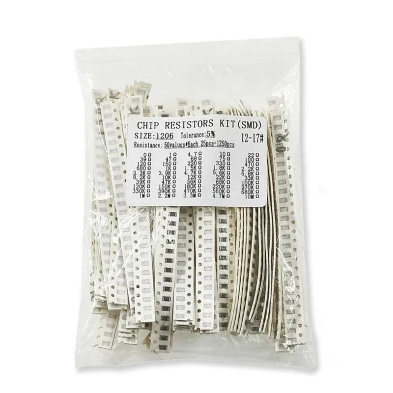 1250PCS 1206 5% 0Ω~10MΩ SMD Resistor Pack 1R 10R 100R 220R 330R 470R 680R 50Values Chip Fixed Resistor 1K 102 10K 103 100K 104