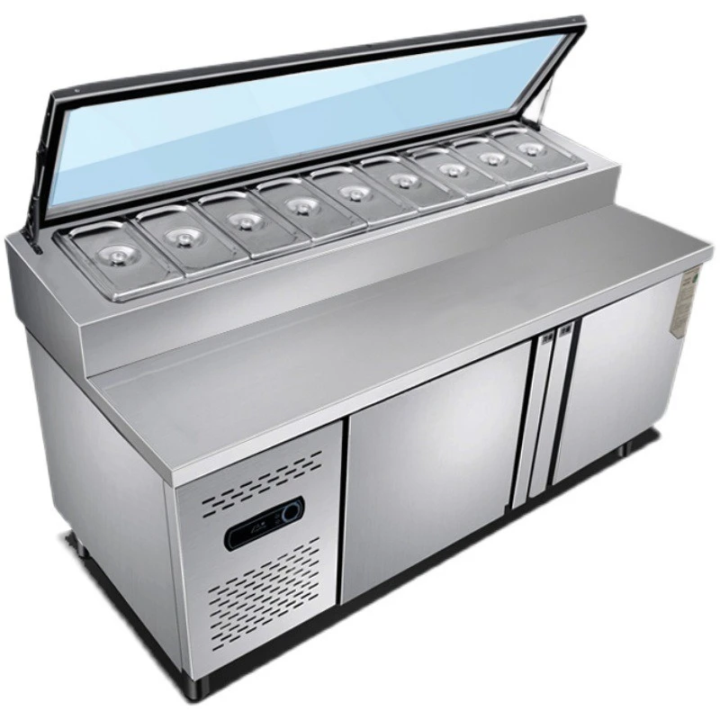 فتحة تبريد الهواء، طاولة رش البيتزا، طاولة سلطة تجارية لحفظ الطعام الطازج، خزانة عرض صيد الفاكهة، ثلاجة،