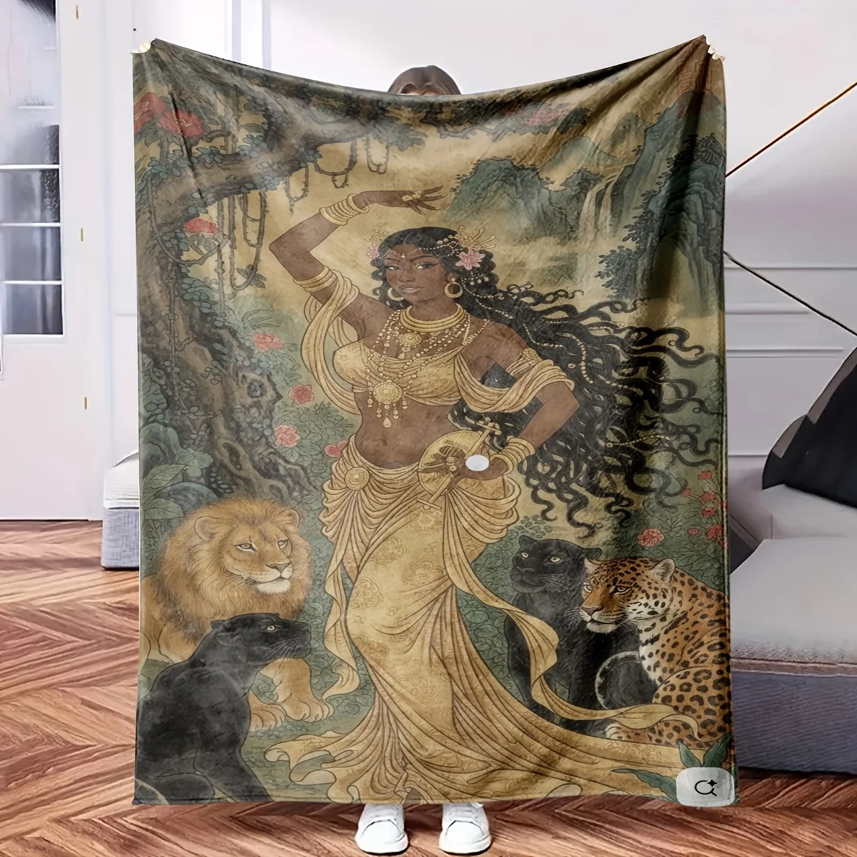 Large  Blanket Throw Jungle Goddess Queen Mythical Artwork 150x230cm Decorative Print Boho Living Room Decor