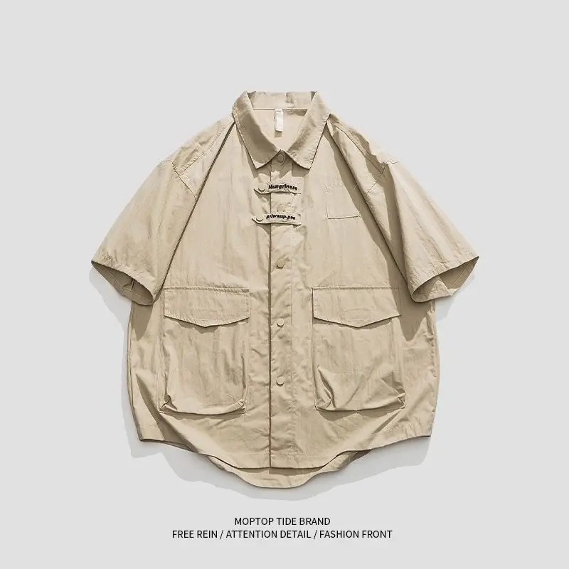 

Loose Men's ort Sve irt Workwear Summer Outerwear Five-Quarter Sve Large ket irt for Labor Protection Service