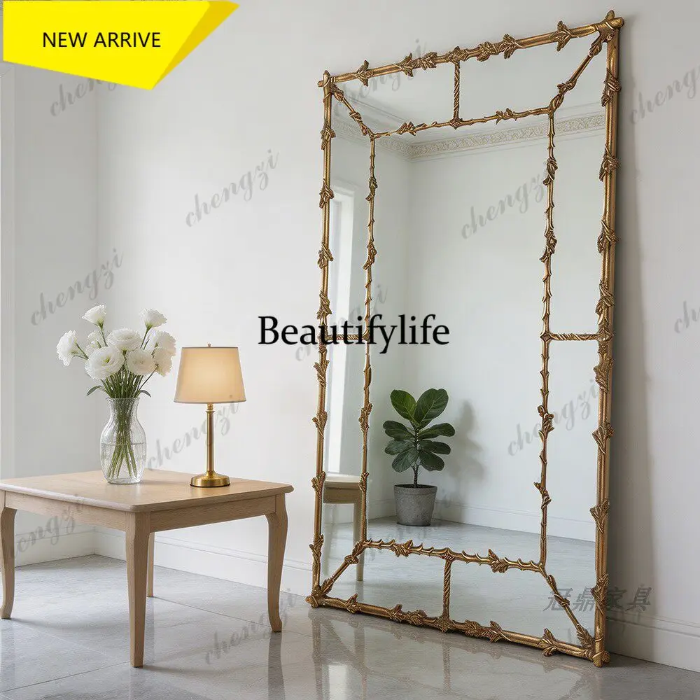 z183 Nordic style wooden carved cloakroom wall hanging fitting mirror American style living room lace floor mirror