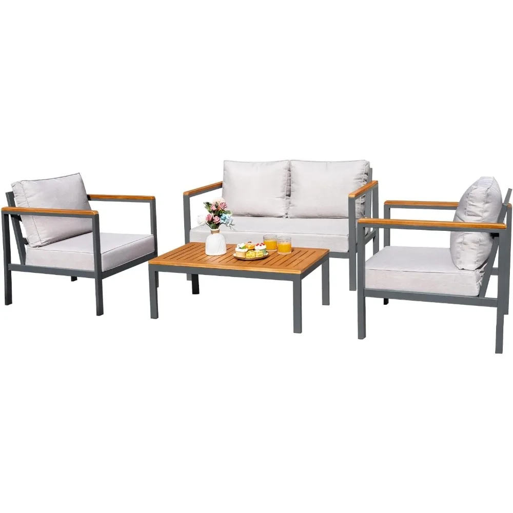 

4 Piece Furniture Patio Lounge Conversation Set Solid Wood Armrest & Table Top Anti-Drop Thick Waterproof Cushion, OneSize, Lig