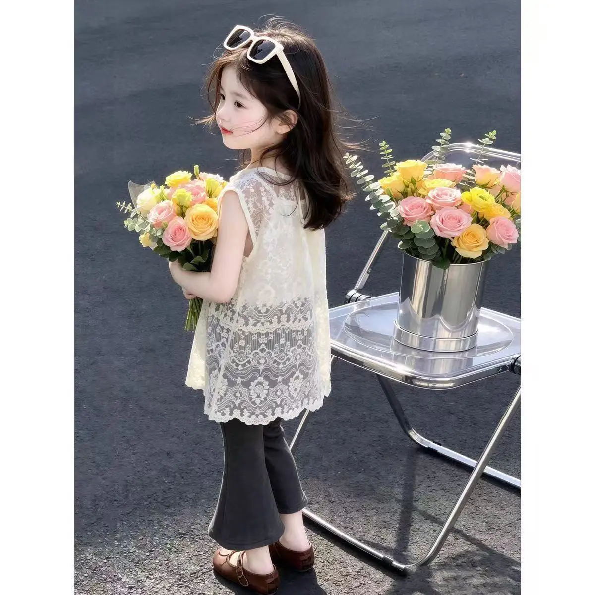 Girls' Summer Set Layered Lace Sleeveless Mid Length Top Korean White Vest Flared Pants 3-piece Set