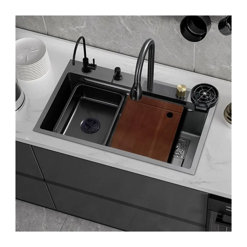 Multifunctional Stainless Steel Kitchen Sink Nano Flying Rain Waterfall Black Handmade Large Single Tank Vegetable Washing Basin