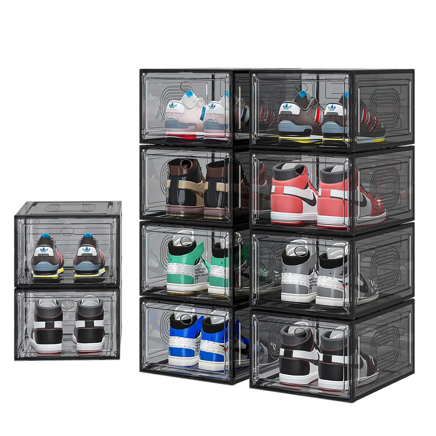 10 Pack Stackable Shoe Storage Boxes with Magnetic Door, Thicken Sneaker Organizer Fit US Size 12, Black, Customized