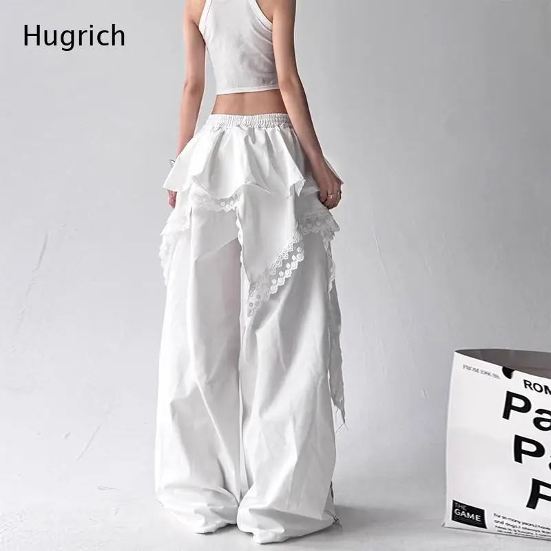 Elastic Drawstring Waist Wide Leg Pants with Attached Ruffled Lace Trim Skirt Overlay Dangle Ribbon Detail Casual Trouser