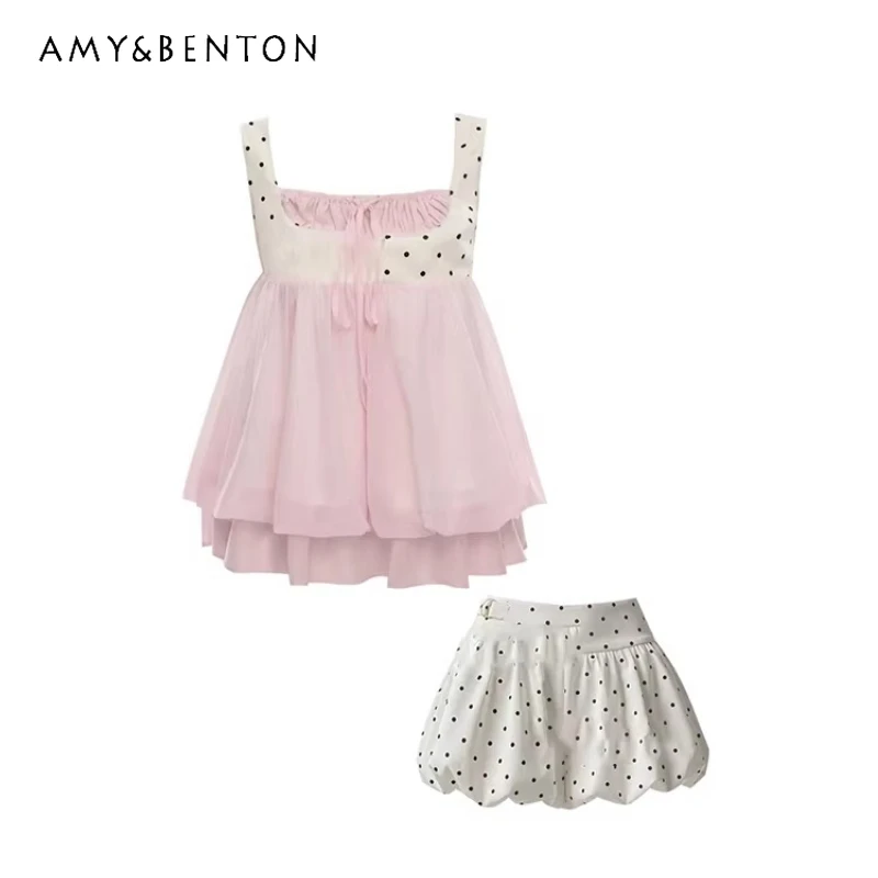 

Women's Short Skirt Set Cute Sleeveless Polka Dot Lace-up Women's Sling 2026 New White Bud Skirt Age-reducing Skirts Suit Ladies