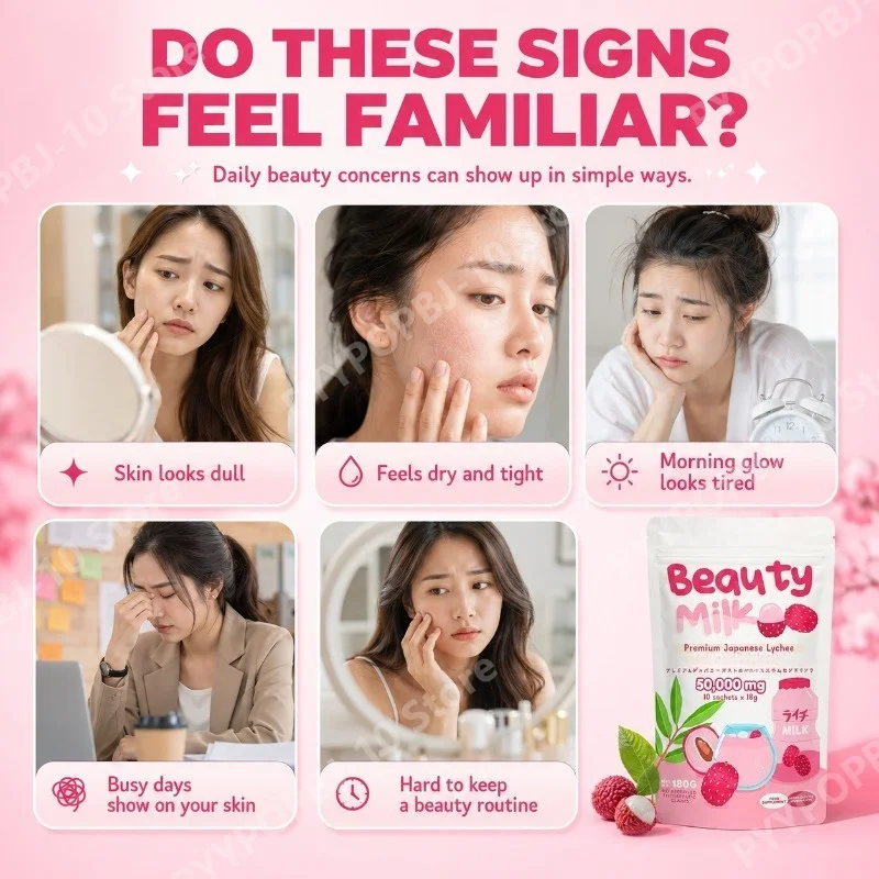 Beauty Milk Swiss Apple Grape Extract with Marine Collagen Supports Skin Hydration Radiance Japanese Lychee Flavor 10 Sachets