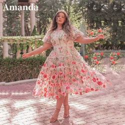 Amanda Romantic Pink Flower Embroid Prom Dress Sweet A-line Vestidos De Noche Short Sleeve Lace Embroid فساتين مناسبة رسمية