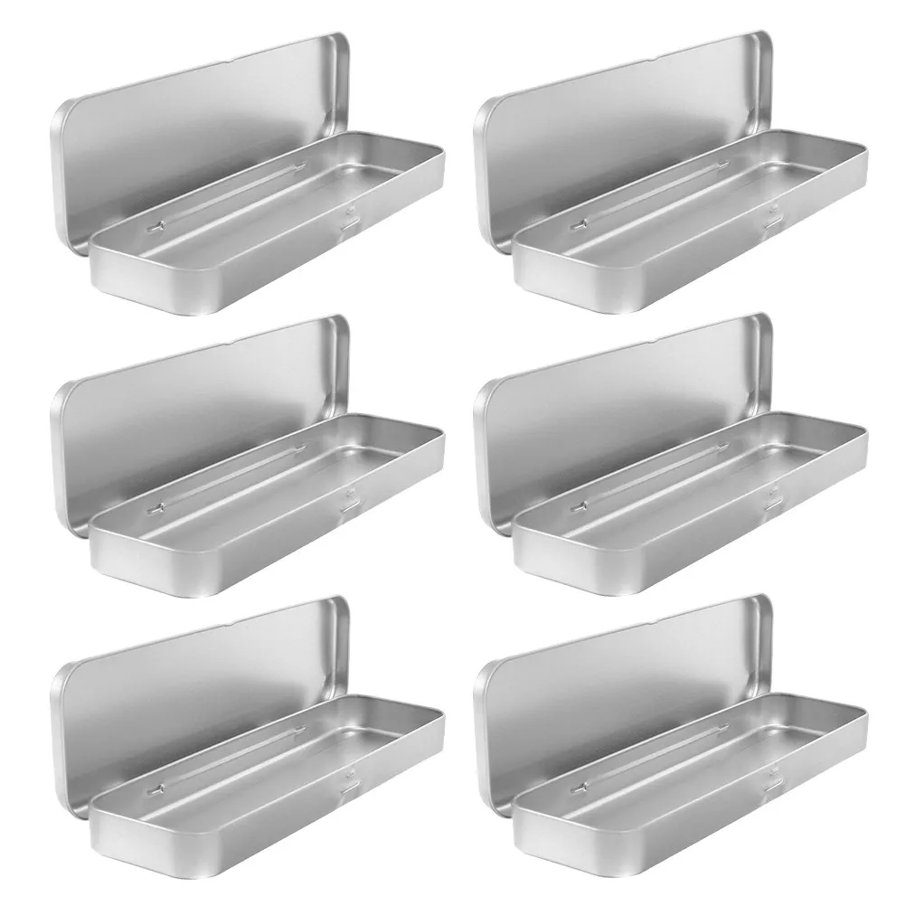 6Pcs Metal Stationery Holder Tinplate Pencil Box Compact Waterproof Rectangular Design Lid Opening School Office Desk Organizer