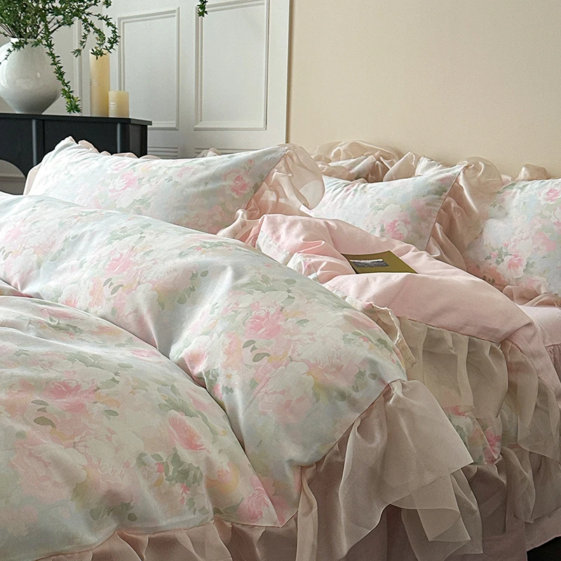 Korean Princess Style Flower Prints Lace Ruffles Bedding Set 100% Cotton Duvet Cover Bed Sheet/Fitted Sheet/Bed Skirt Pillowcase