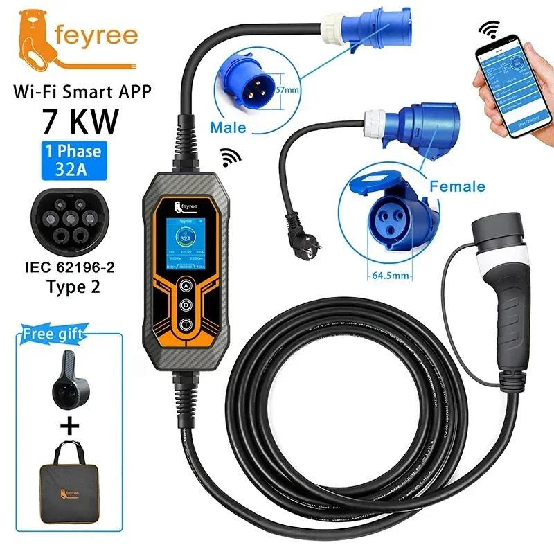 feyree Portable EV Charger Type2 32A 7KW EVSE Adjustable Current Smart Timing Charging Wi-Fi APP Control for Home & Outdoor Use