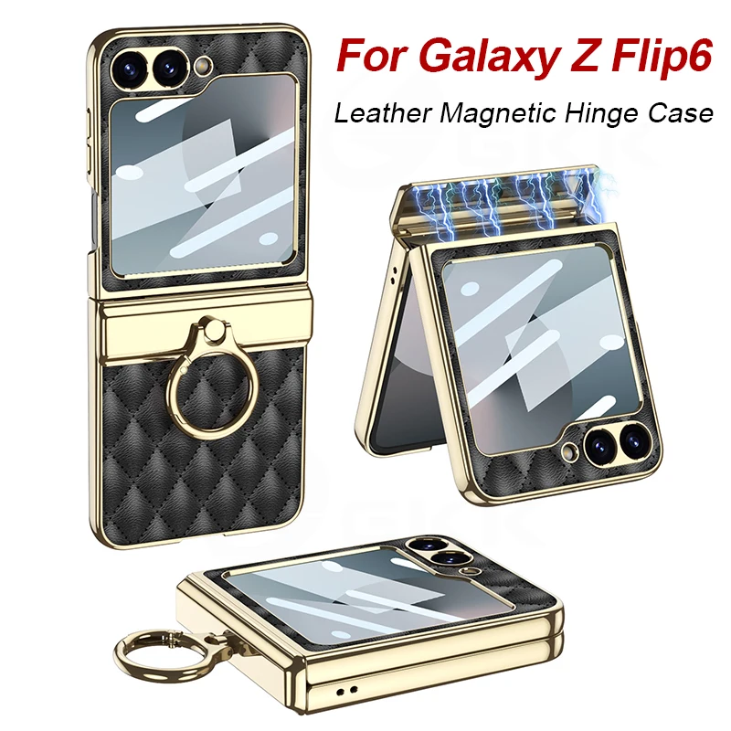 

Diamond Leather Ring Holder Case For Samsung Galaxy Z Flip 6 Magnetic Hinge Screen Glass Plating Cover For Galaxy Z Flip 6 Case