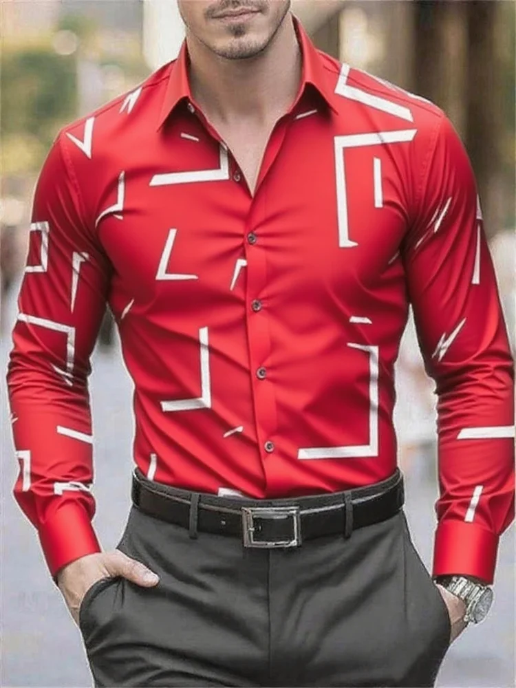 Men's Shirt Black and White Casual Outdoor Suit Shirt, Geometric Stripes Comfortable Soft Lapel Long Sleeve Men's Shirt, XS-6XL