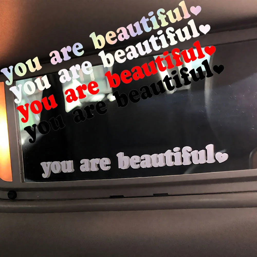 

Car Rear View Mirror Decoration You Are Beautiful Text Styling Sticker Creative Fashion Makeup Mirror Interior Decal Accessories