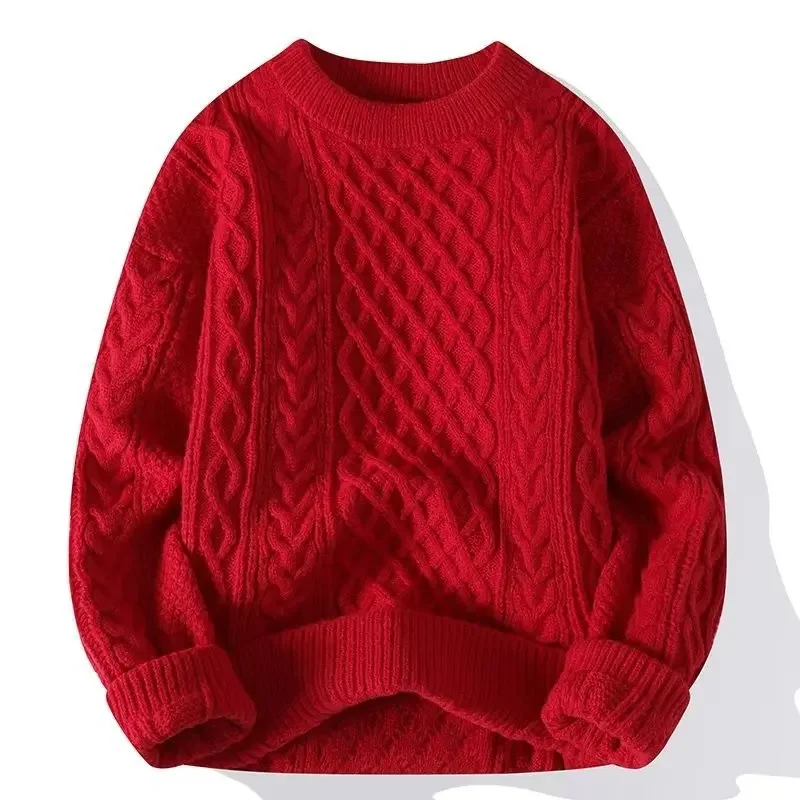 Trendy Knitted Sweater For Men Casual Round Neck Warm Inner Loose-fit Pullover Cozy Soft Supple Fall Winter Fashion