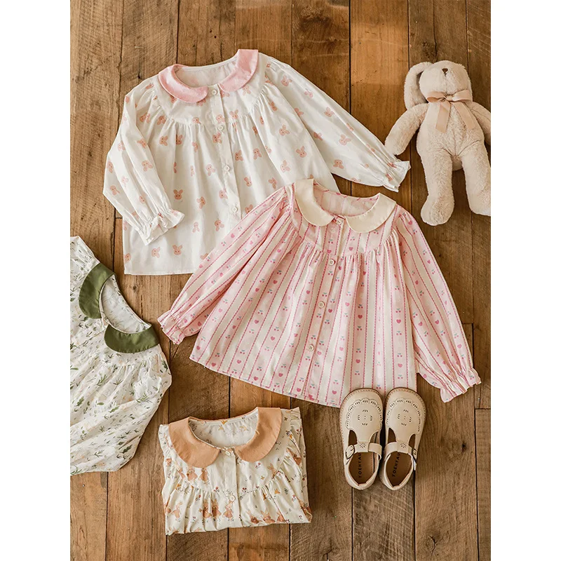 

Girls' Full-Print Color-Block Turn-Down Collar Shirt2025Spring and Autumn New Children's Cute Shirt Little Girl Top
