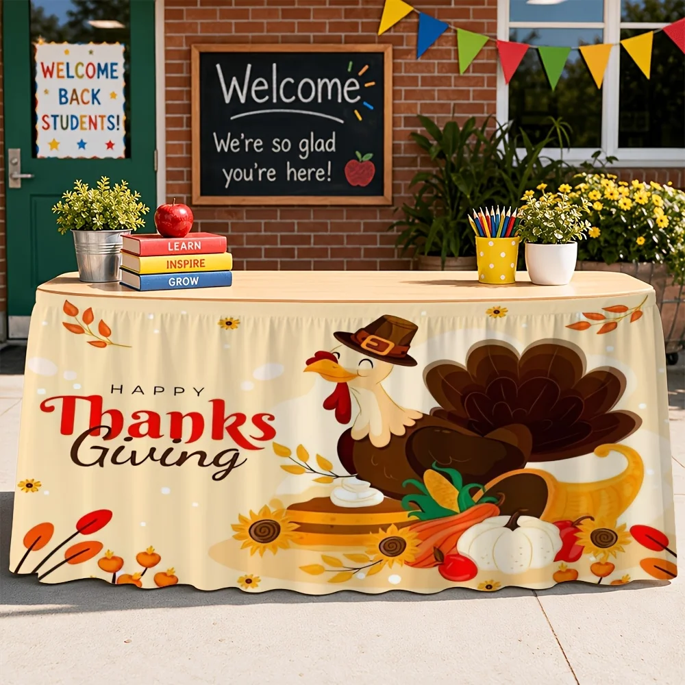 [2D Graphic] 1-Pack Party Table Dress with Thanksgiving Turkey and Harvest Element Prints