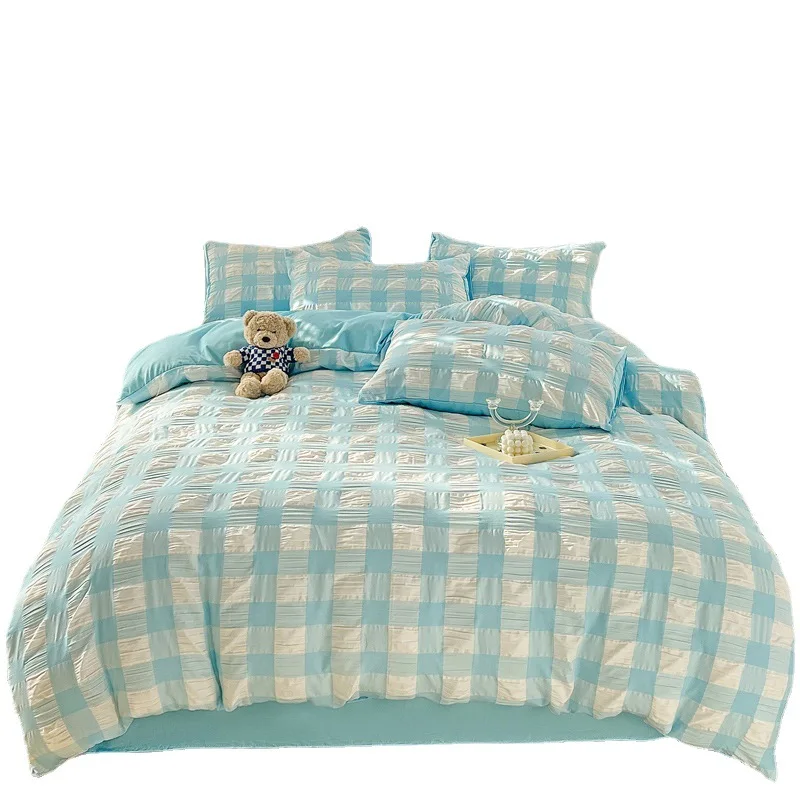 

Korean ins wind seersucker solid color double washed cotton four-piece set, spring and summer three-piece set