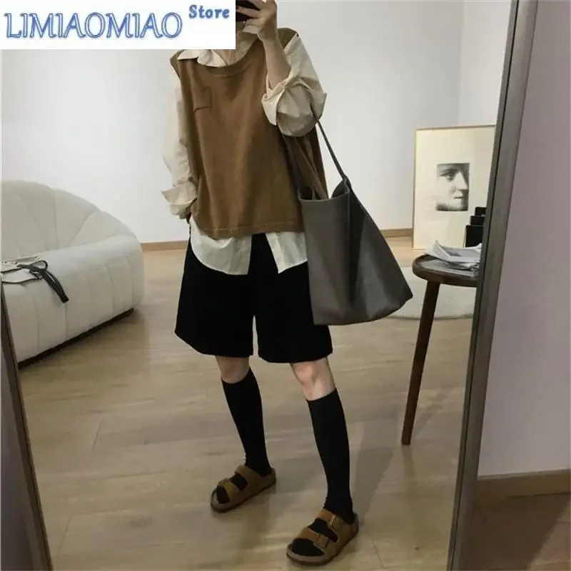 Women's Retro Corduroy A-line Wide Leg Shorts Summer Street Cropped Trousers Young Girl Casual Bottom Female Knee Length Pants