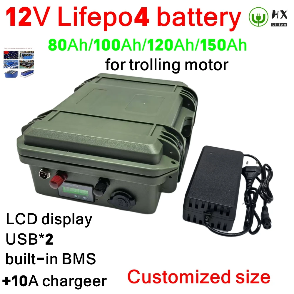 Batterie 12v80Ah 100Ah 120Ah 150Ah LiFePO4 avec chargeur 10A pour batterie d'hélice de bateau, camping-car/scooter, chariot de .