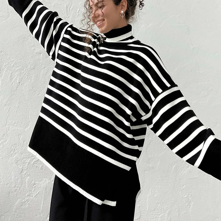 Pullover lavorati a maglia a righe nere per donna Maglioni casual eleganti a maniche lunghe Autunno Inverno Moda dolcevita maglione allentato 2025