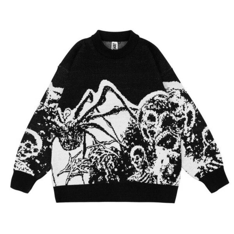 Traf 2024 Winter New Cold resistant Warm Sweater Dark Gothic Spider Skull Jacquard Men's Knitted Sweater Y2K Loose Versatile Top