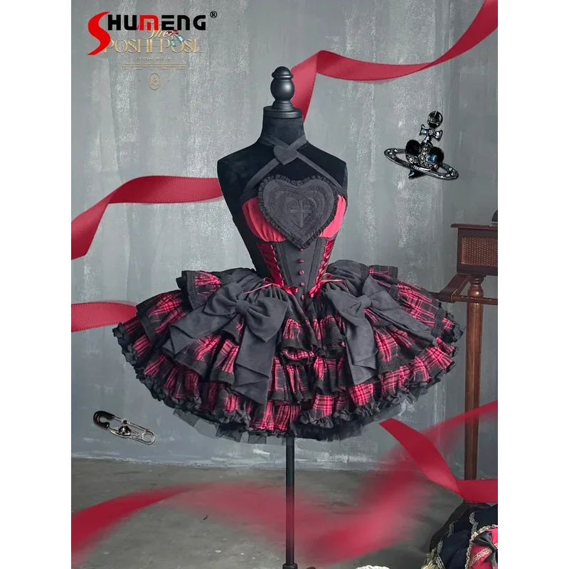 

High Quality Cosplay Lolita Black Red Plaid Dress Female Sweet Cute Bow Neck Princess Dress Lady Gothic Slim Party Evening Dress
