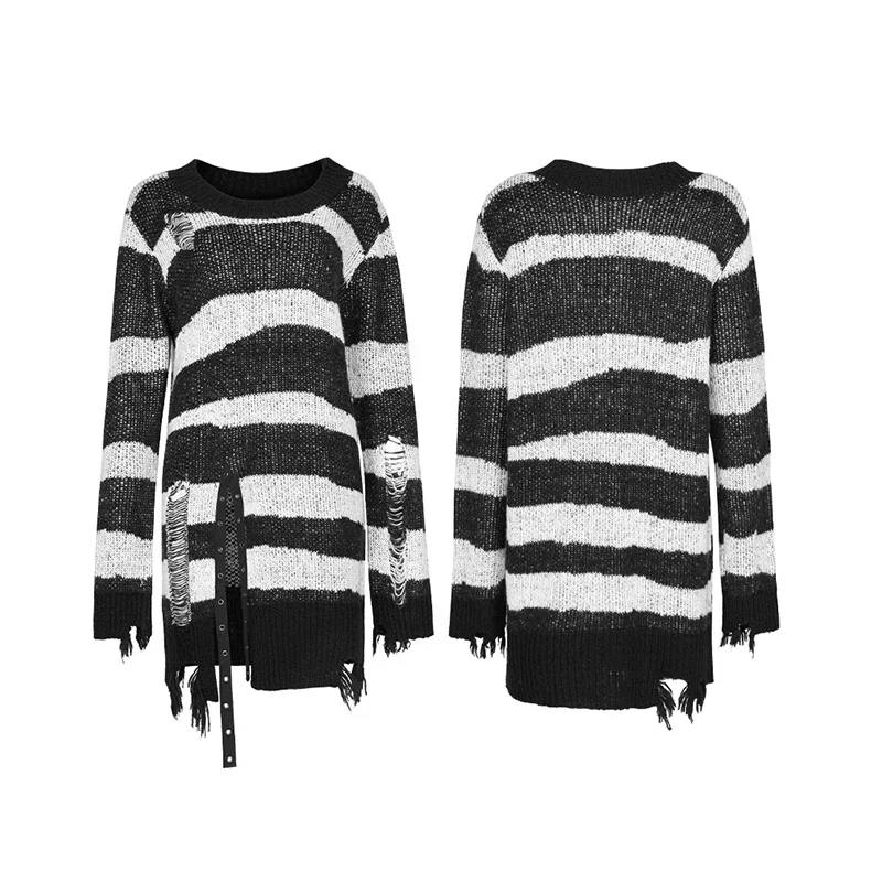 PUNK RAVE maglione Pullover a maniche lunghe quotidiano gotico da donna personalità top in maglia di media lunghezza usurati a righe irregolari