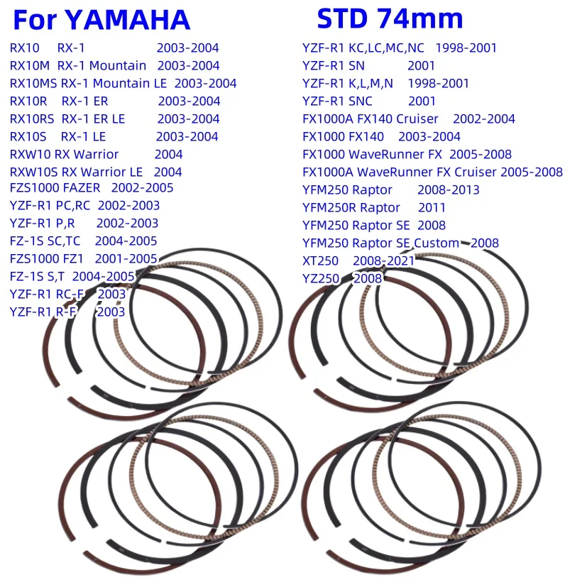 Anillos de pistón STD 74 mm para YAMAHA YFM YZ XT 250 Raptor RX10 RXW10 RX-1 Warrior Mountain LE YZF-R1 FZS1000 FZ1 FAZER FX1000 FX140