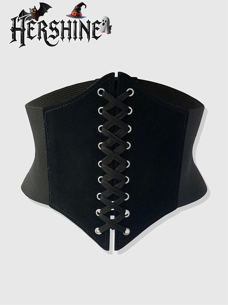 فستان نسائي من قطعة واحدة من جلد الغزال الأسود برباط Y2K على طراز القصر الداكن بحزام خصر سداسي مع إكسسوارات لتنوع اليومي