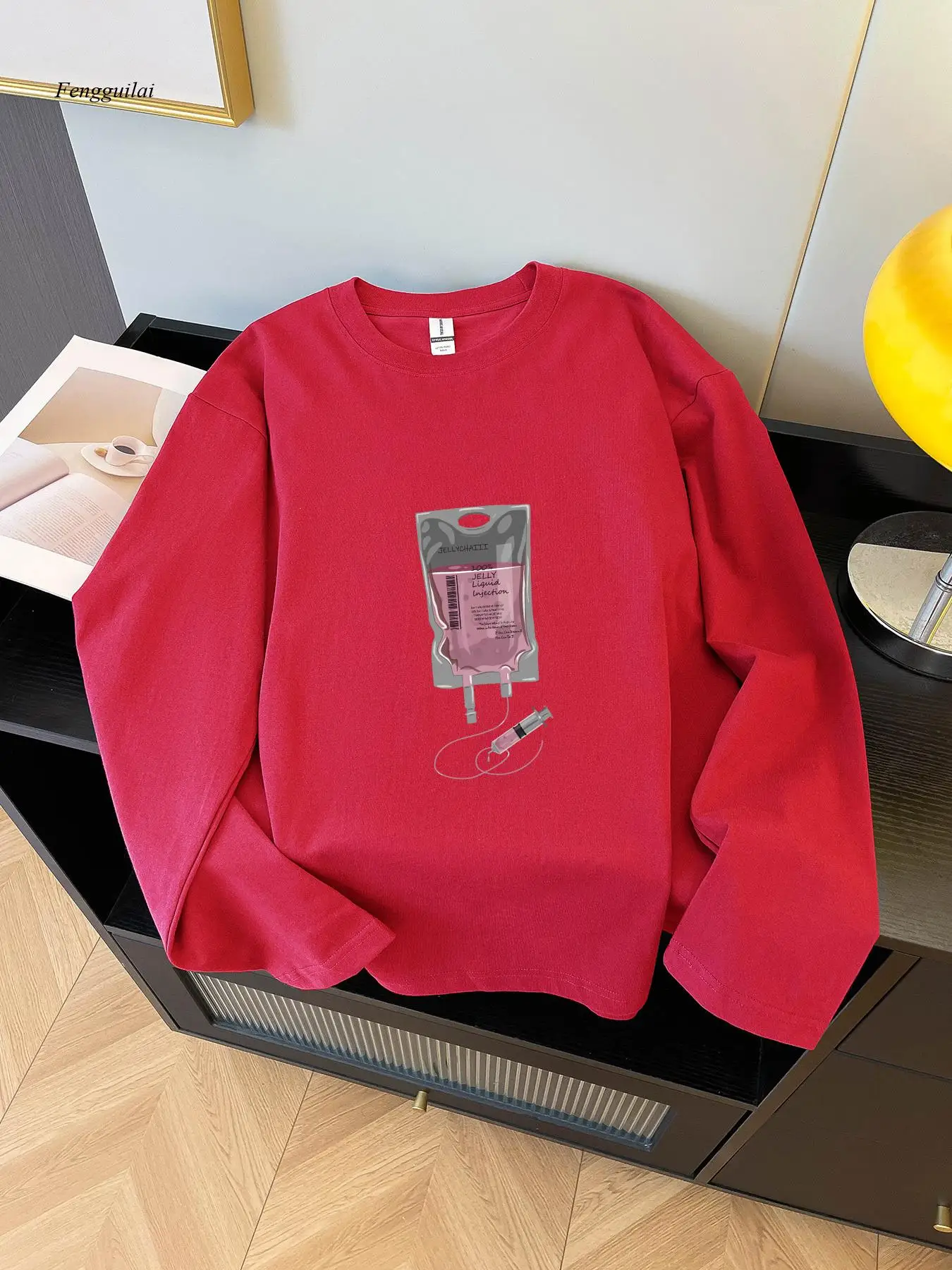 Long Sleeve T-Shirt with Novelty & Quirky Print - Casual Round Neck Winter Fall Top, Random Unique Patterns