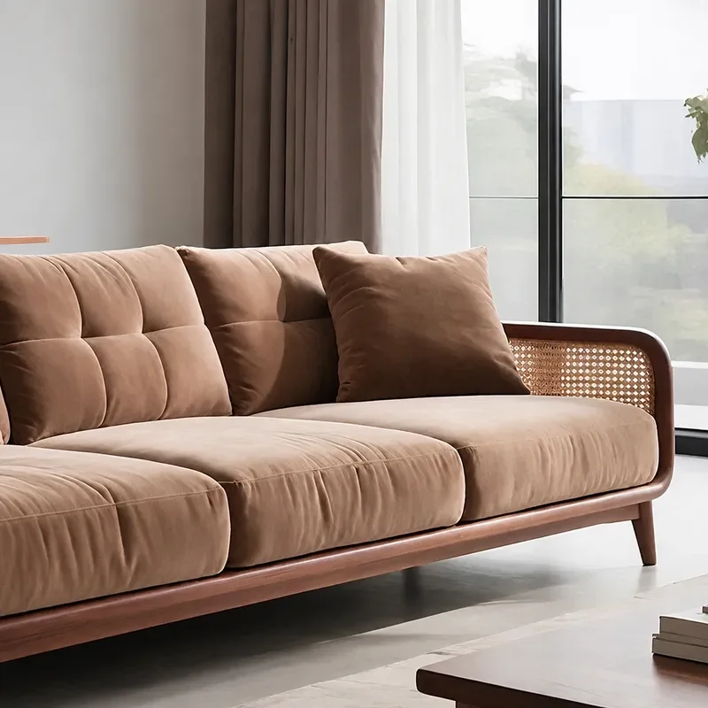 New Chinese Style North American Black Walnut Solid Wood Straight Row Sofa Set 1 2 3 4 Seater Retro Rattan Living Room