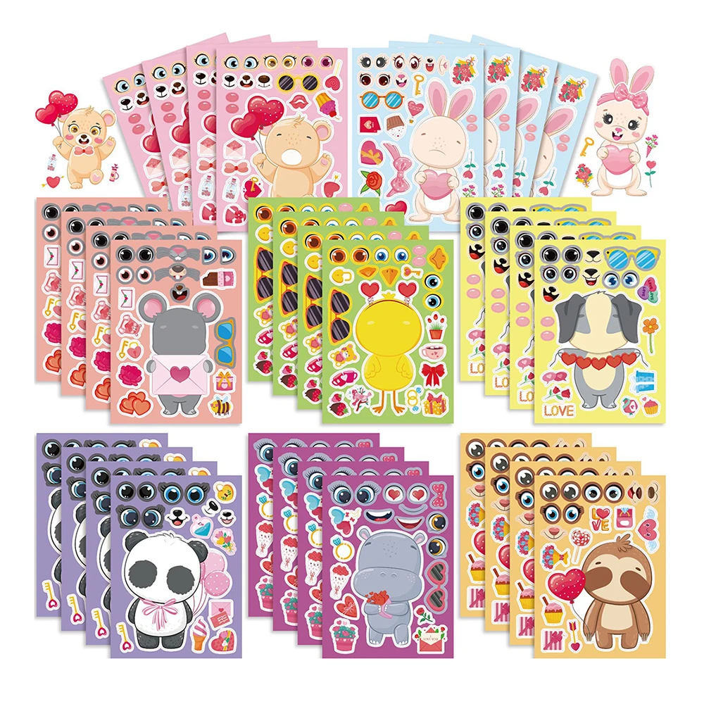 8/16Sheets Make a Face Valentine's Day Kawaii Animals Stickers DIY Panda Rabbit Bear Decals Kids Assemble Jigsaw Toys Game Gifts