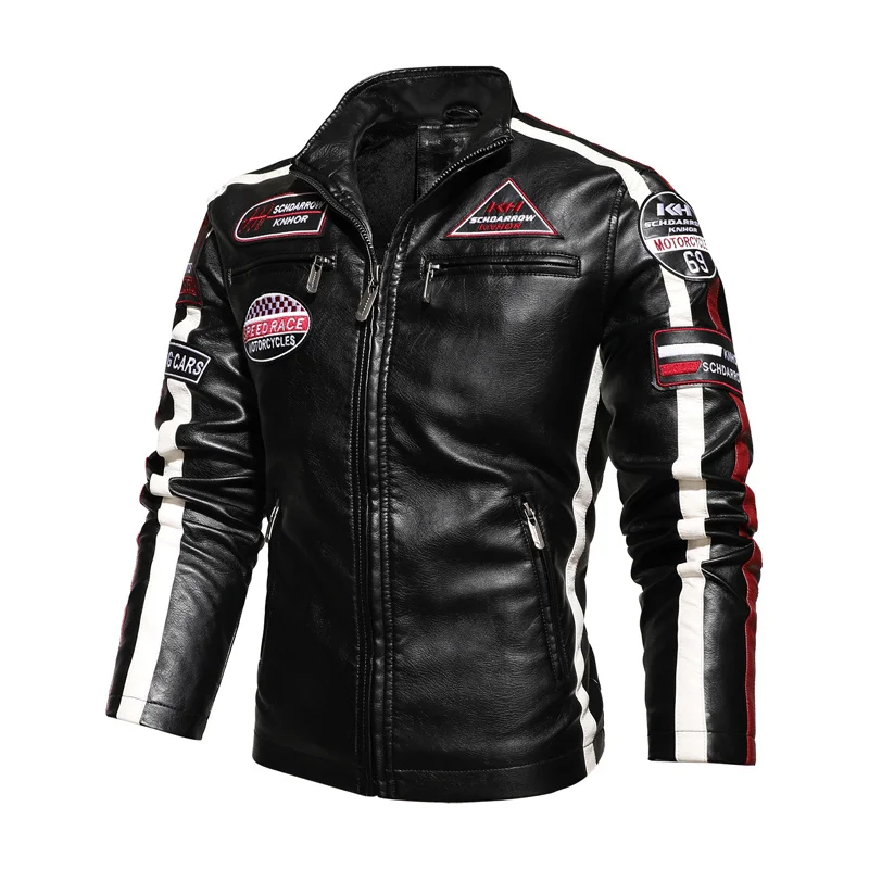 Autumn Winter Large Size Men's PU Leather Jacket Motorcycle Racing Suit Color Block Patchwork Plus Velvet Men 4XL