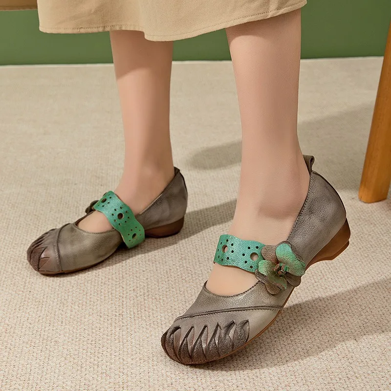 

Birkuir Женские туфли Мэри Джейн на толстом каблуке в стиле ретро, из натуральной кожи, мягкие разноцветные плиссированные роскошные женские туфли на низком каблуке с цветочным принтом