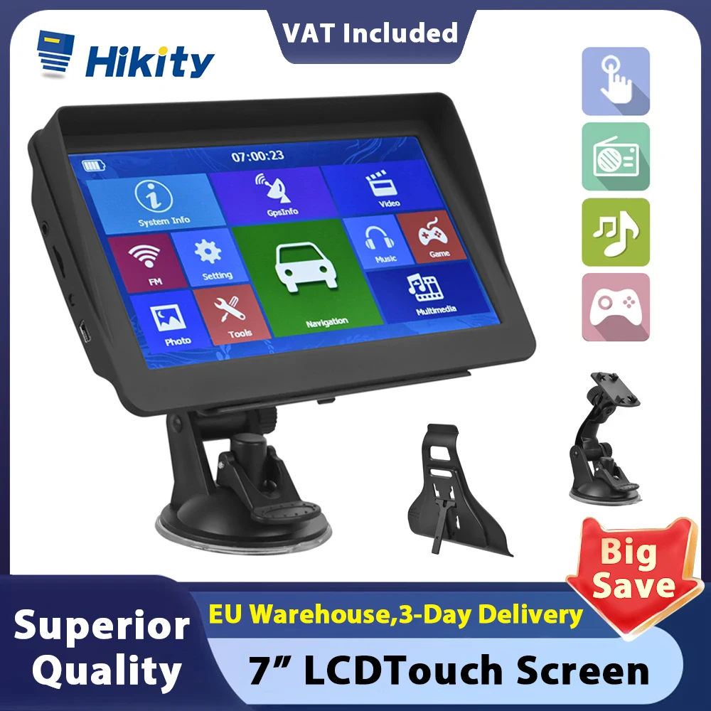 Hikity 7'' Car Sat GPS Navigation Navigator with Free Maps Touch Screen Built-in 8GB ROM Support FM Radio MP3 MP4 Player