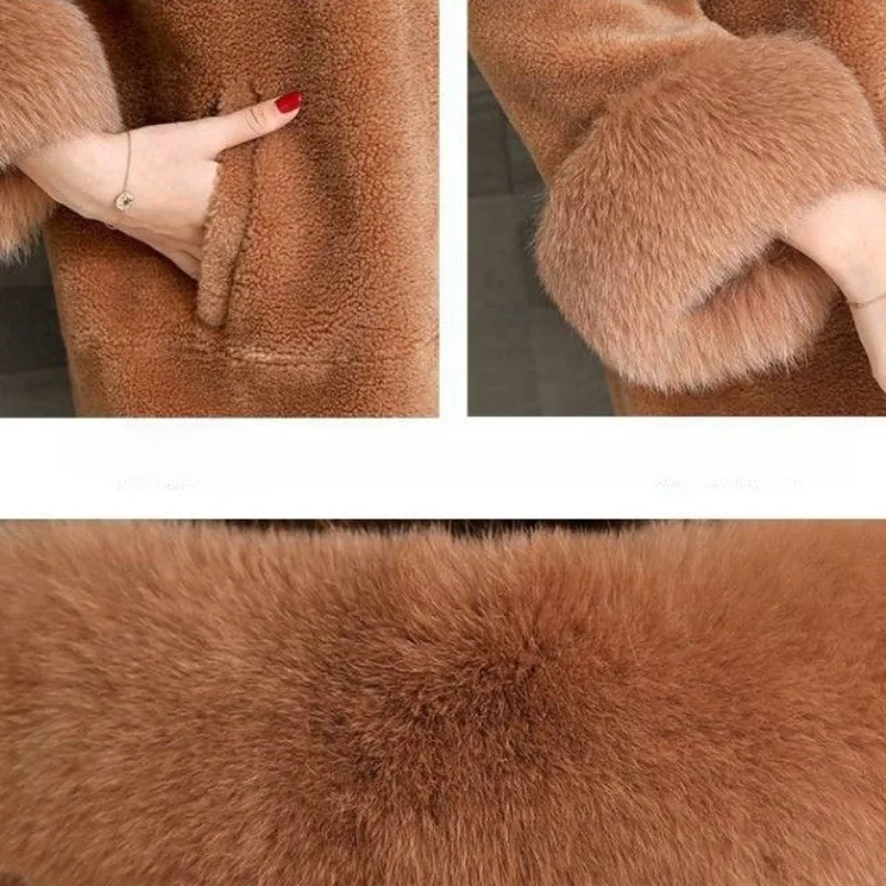 Winter New Women Faux Fur Coat Mid Length Version Imitation Fox Fur Collar Hooded Outwear Loose Thicken Warm Casual Parkas 2023