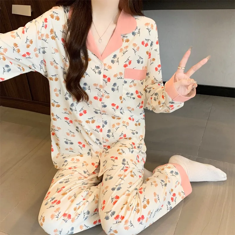 Korean Style Sweet Flower Print Homewear Suit 2PC Set Long Sleeve Women's Pajamas French Fashion New Autumn Winter Pajamas Set