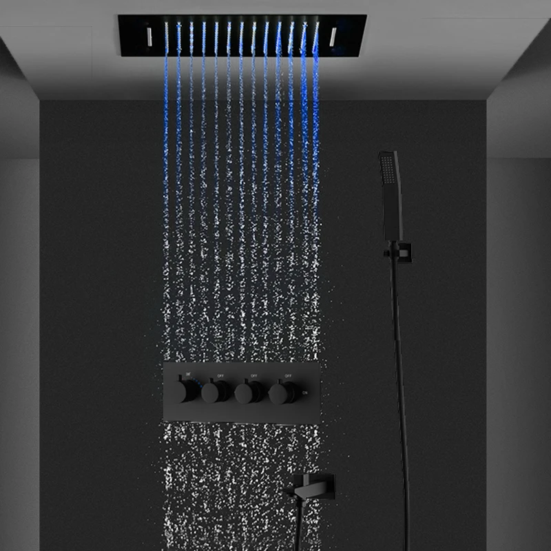 High Quality Black Ceilling LED Shower Set Rainfall Showerhead Waterfall System Thermostatic Mixer Diverter 360x500mm