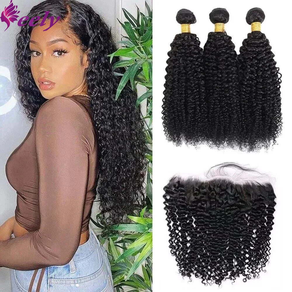 Curly Human Hair Bundles Natural Black 100% Real Human Hair Frontal 13x4 Lace Deep Wave Brazilian Remy Hair Water Wave Bundles