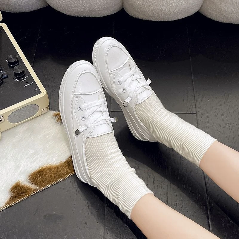 

Women White Leather Slip On Sneakers Casual Soft Sole Spring Summer Flat Shoes Student Board Shoes