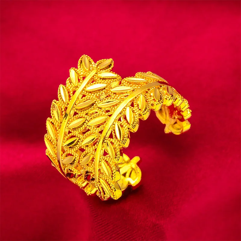 حلقة سوار أوراق القمح للسيدات من الذهب عيار 24 قيراط AU999 - حافة واسعة + تخفيف ثلاثي الأبعاد، قمح غير لامع/أوراق مصقولة، جذابة فاخرة #3